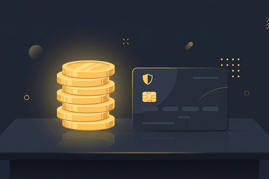 Tumpukan koin emas rapi di samping kartu dompet digital di atas meja gelap